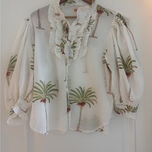 Oliphant White Palm-Print Ruffle Button Blouse